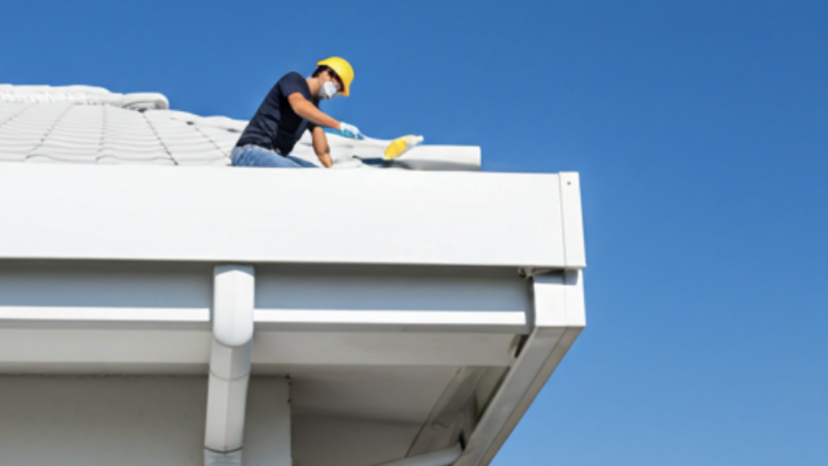 Professional gutter technician cleaning a residential gutter system