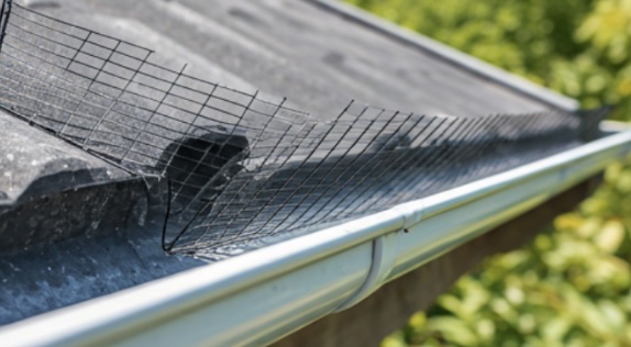 Clean white gutter with black mesh gutter guard installed